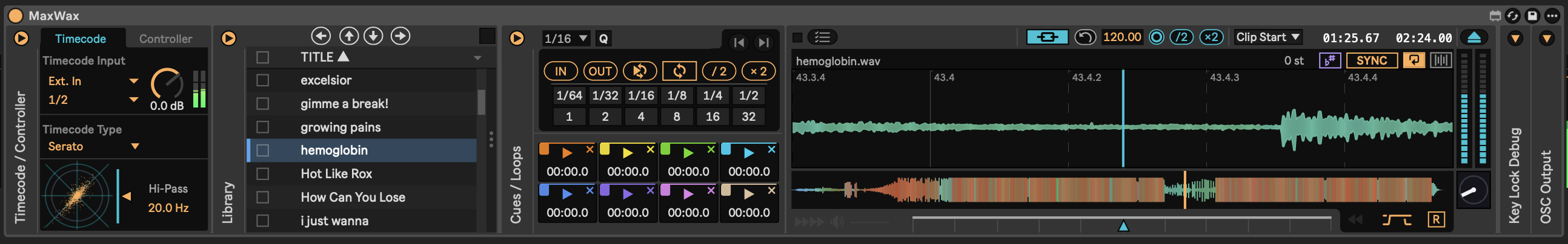 The MaxWax device running on a track in Ableton Live, showing the
      timecode panel, track library, cue and loop slots and the waveform